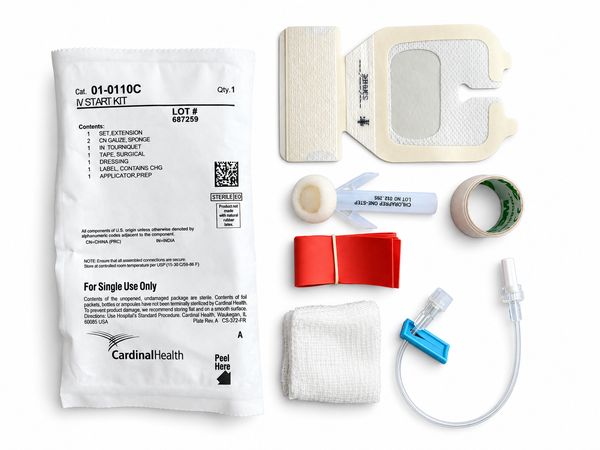 IV start kit contents: extension set, Tegaderm transparent dressing, ChloraPrep applicator, tourniquet, tape and gauze