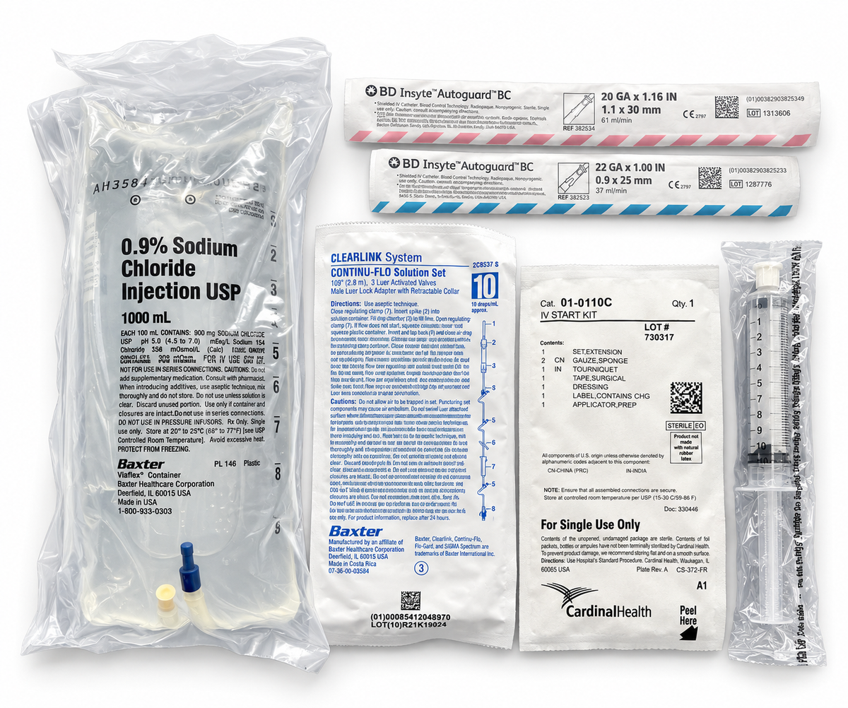 Complete IV fluid kit with 1000 mL normal saline, back of packaging