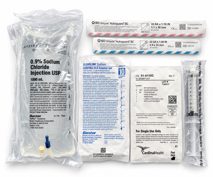 Complete IV fluid kit with 1000 mL normal saline, back of packaging