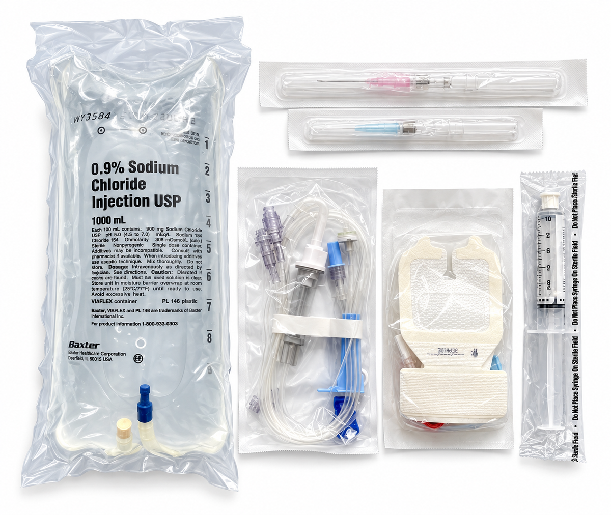 Complete IV fluid kit with 1000 mL Baxter 0.9% normal saline bag, Baxter IV tubing, BD IV catheters, Cardinal Health IV start kit and saline flush syringe