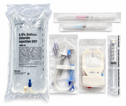 Complete IV fluid kit with 1000 mL Baxter 0.9% normal saline bag, Baxter IV tubing, BD IV catheters, Cardinal Health IV start kit and saline flush syringe
