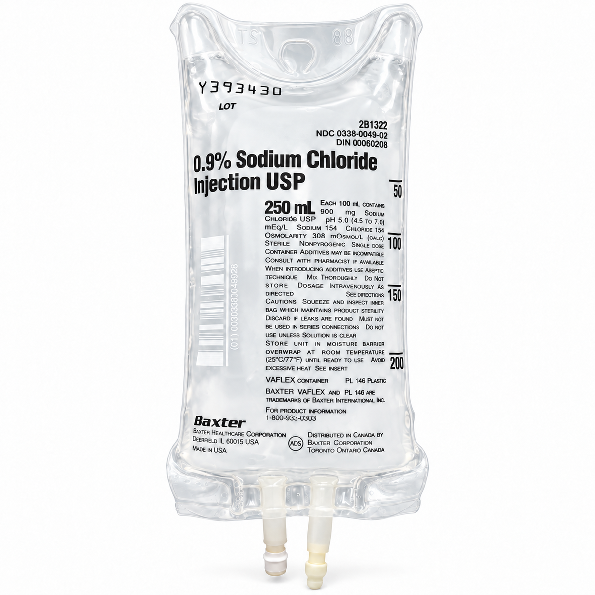 Baxter 0.9% Sodium Chloride normal saline IV bag, 250 mL