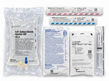 Complete IV fluid kit with 500 mL Baxter 0.9% normal saline bag, IV tubing, catheters, start kit and flush syringe