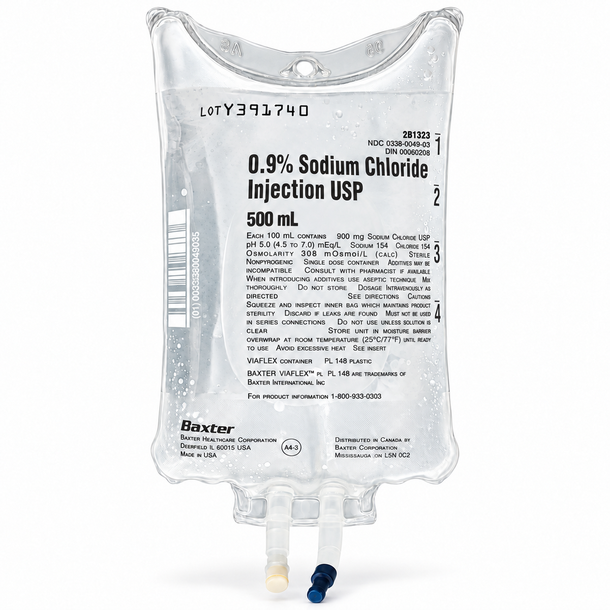 Baxter 0.9% Sodium Chloride normal saline IV bag, 500 mL
