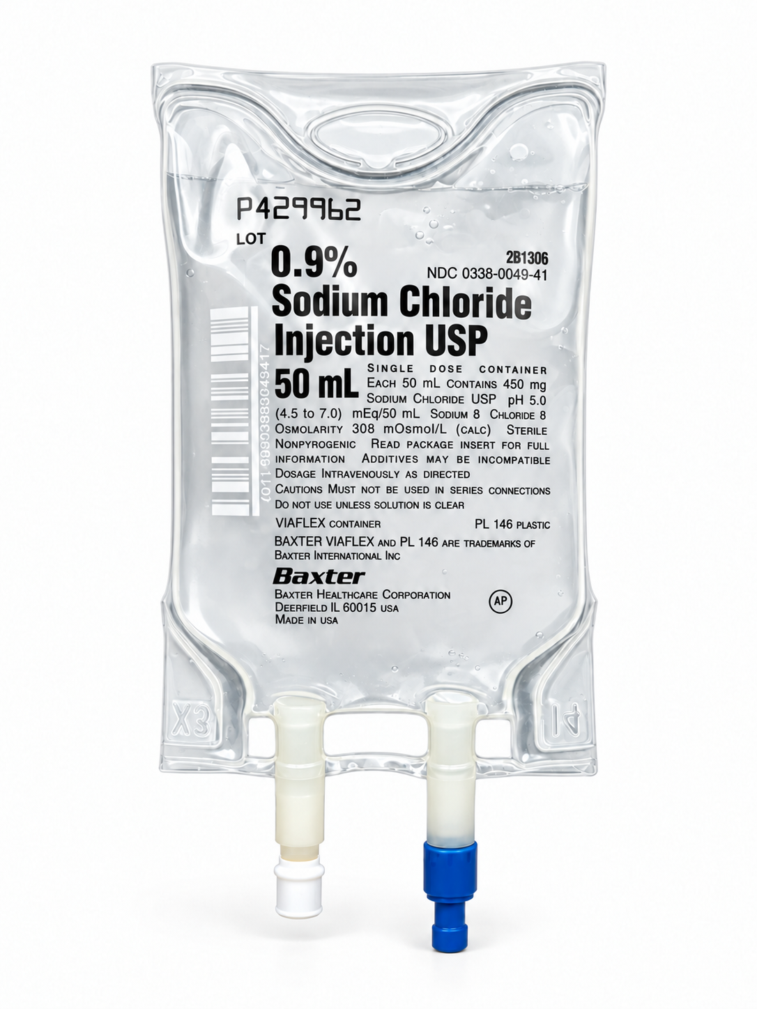 Baxter 0.9% Sodium Chloride normal saline IV bag, 50 mL