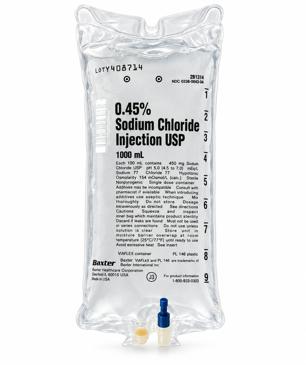 Baxter 0.45% Sodium Chloride half-normal saline IV bag, 1000 mL