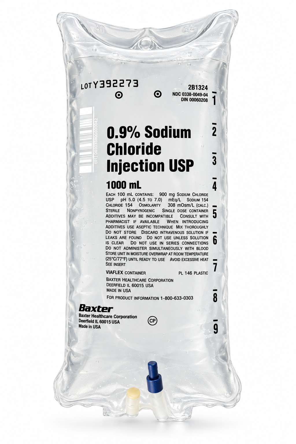 Baxter 0.9% Sodium Chloride normal saline IV bag, 1000 mL