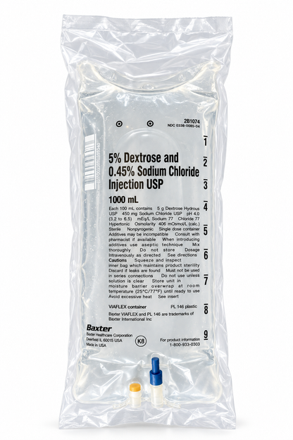 Baxter D5 half-normal saline 1000 mL IV bag in sealed overwrap