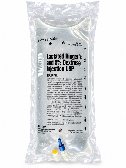Baxter D5LR 1000 mL IV bag in sealed overwrap