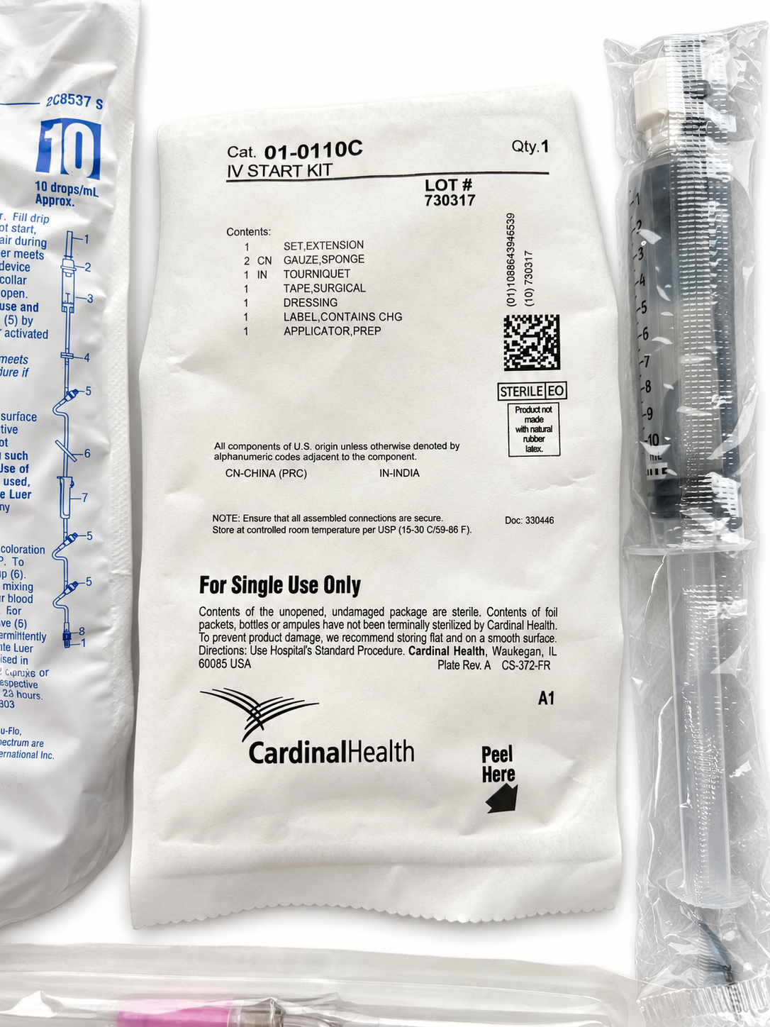 Cardinal Health IV start kit in sealed pouch with saline flush syringe