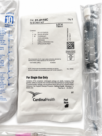 Cardinal Health IV start kit in sealed pouch with saline flush syringe