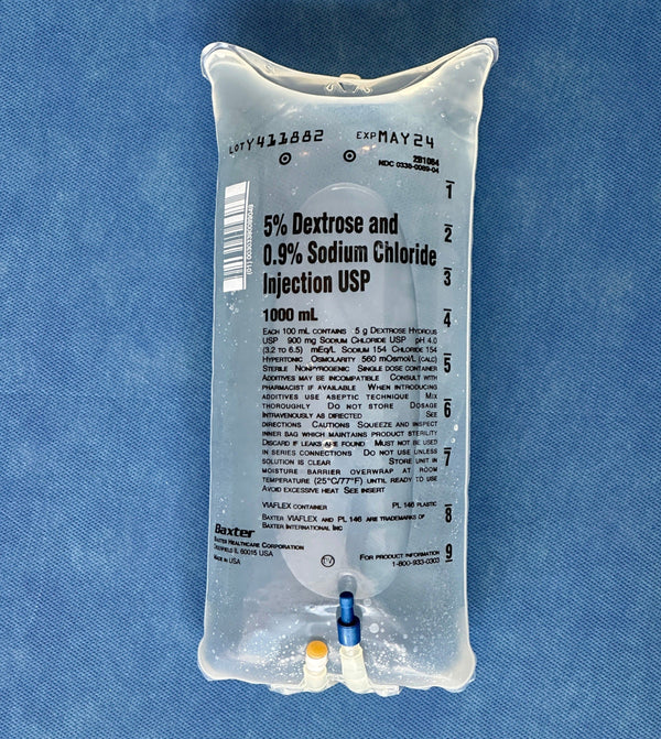 Baxter 5% Dextrose in 0.9% Normal Saline (D5NS) IV bag, 1000 mL, front