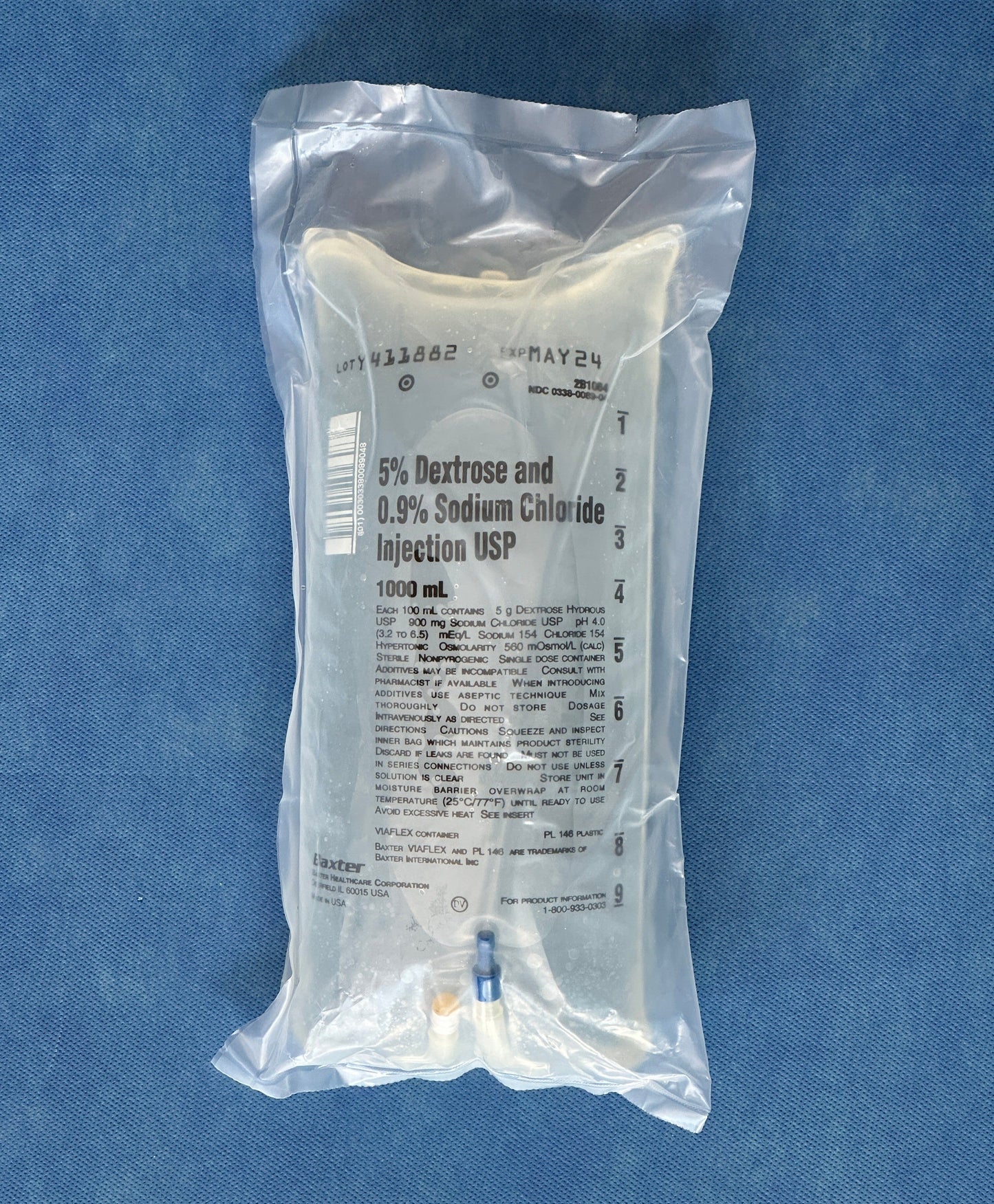 No Rx Required - IV 5% Dextrose in 0.9% Normal Saline (D5 NS) Fluid Bag - 1000mL (1L)