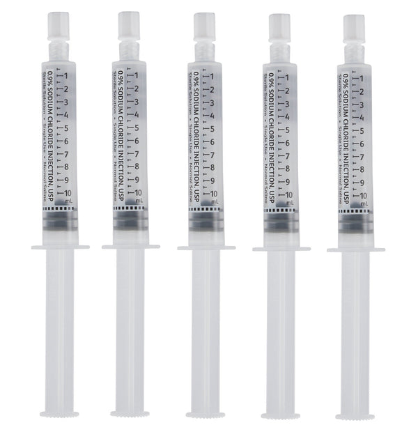 Pre-filled 0.9% sodium chloride saline flush syringes, 10 mL