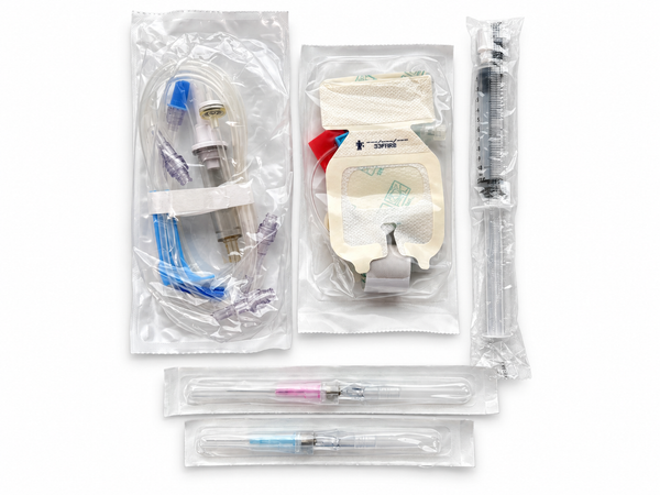 IV start kit with Baxter IV tubing, BD IV catheters, Cardinal Health start kit and saline flush syringe