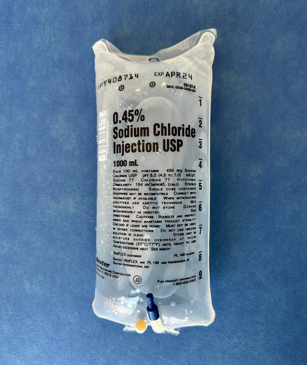 Baxter 0.45% Sodium Chloride half-normal saline IV bag, 1000 mL, front