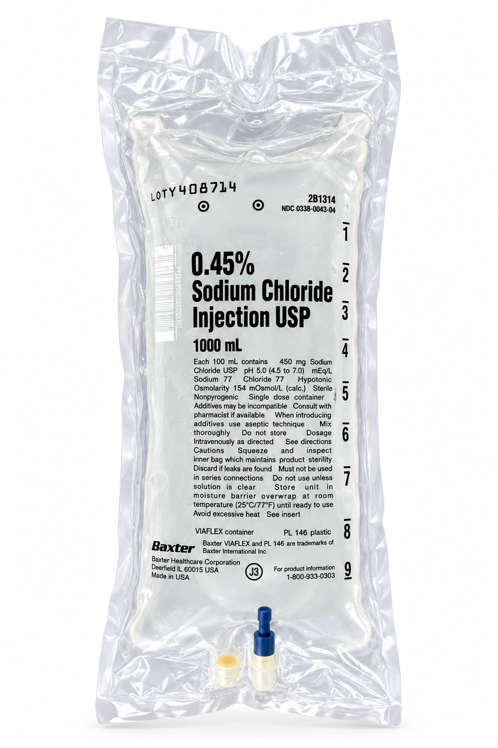 Baxter 0.45% half-normal saline 1000 mL IV bag in sealed overwrap