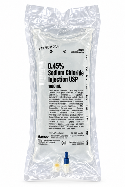 Baxter 0.45% half-normal saline 1000 mL IV bag in sealed overwrap