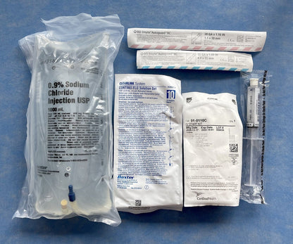 Comprehensive IV Fluid Kit: Includes tubing, catheters, and 0.9% sodium chloride (normal saline) for effective hydration and medical treatments. Ideal for healthcare professionals and emergency use. High-quality materials ensure reliable performance and patient safety