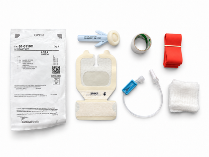 Cardinal Health IV start kit contents: Tegaderm dressing, ChloraPrep, tourniquet, tape, gauze and extension set