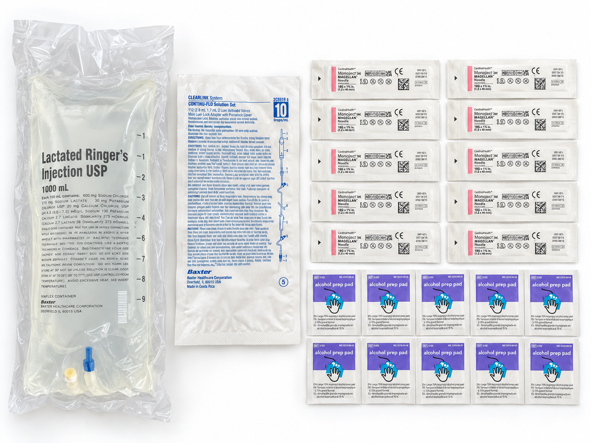 SubQ fluid kit with 1000 mL Baxter Lactated Ringer's bag, IV tubing, safety needles and prep pads
