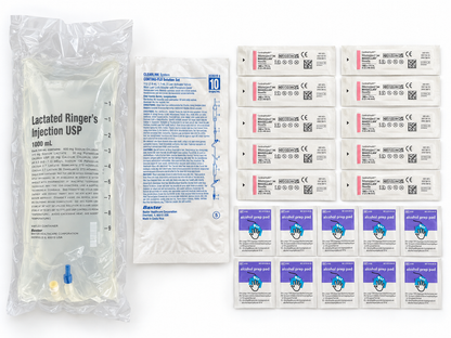 SubQ fluid kit with 1000 mL Baxter Lactated Ringer's bag, IV tubing, safety needles and prep pads