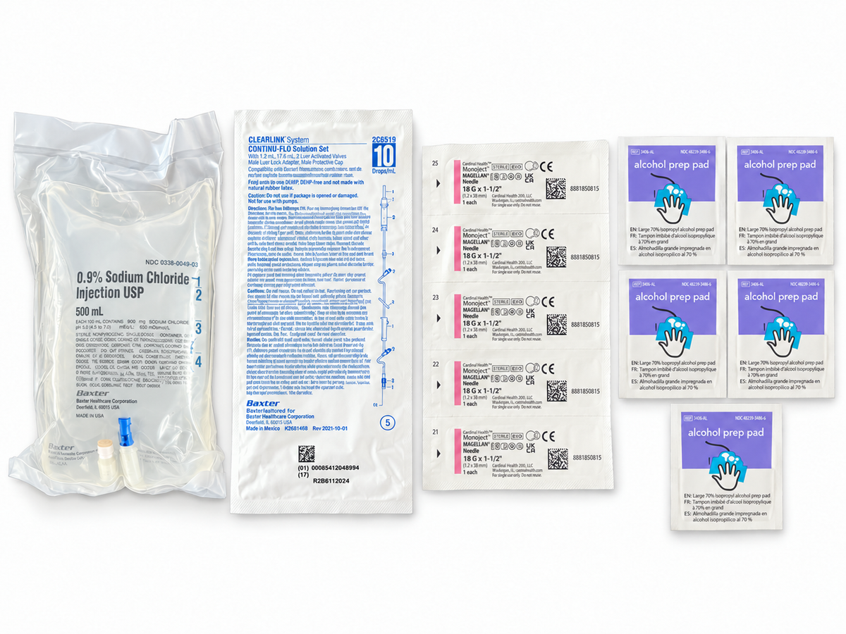 SubQ fluid kit with 500 mL normal saline, needles and prep pads