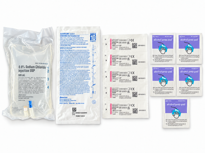 SubQ fluid kit with 500 mL normal saline, needles and prep pads