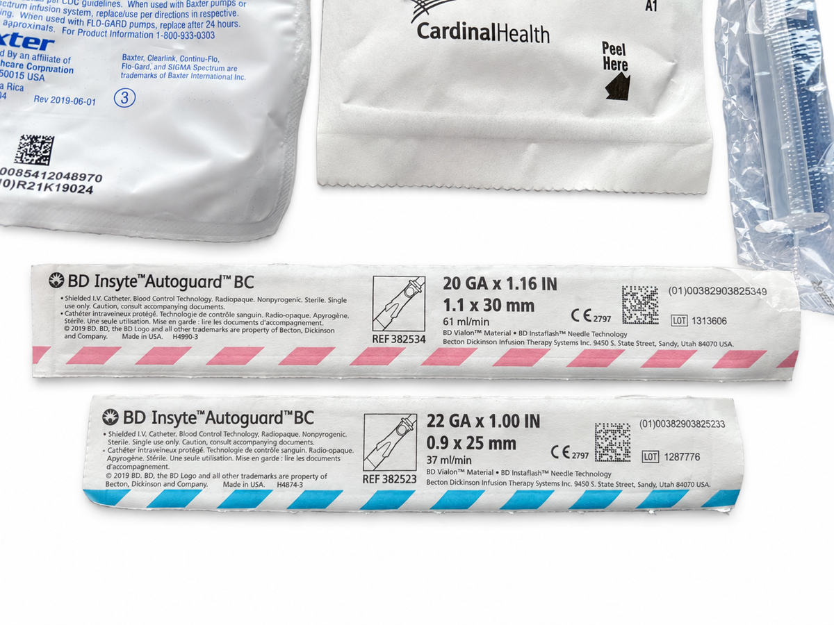 BD Insyte Autoguard BC shielded IV catheters, 20 GA pink and 22 GA blue