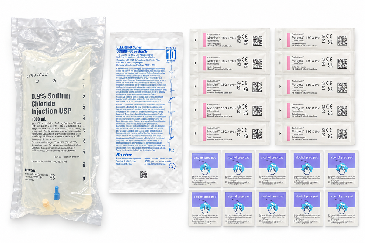 SubQ fluid kit with 1000 mL Baxter normal saline bag, IV tubing, safety needles and alcohol prep pads