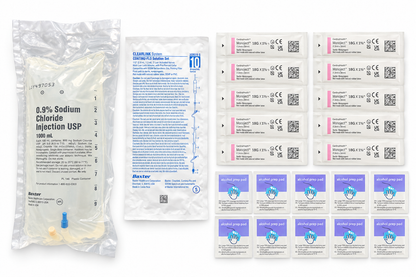 SubQ fluid kit with 1000 mL Baxter normal saline bag, IV tubing, safety needles and alcohol prep pads