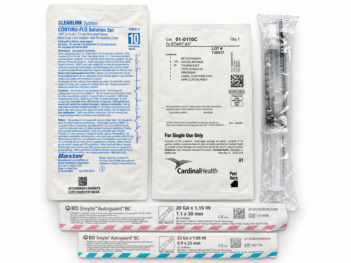 IV start kit components in sealed sterile packaging