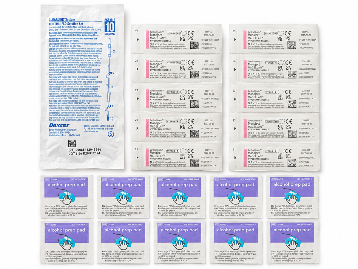 SubQ Refill Pack with Tubing, 10 Safety Needles and Alcohol Prep Pads, 18 to 22 GA