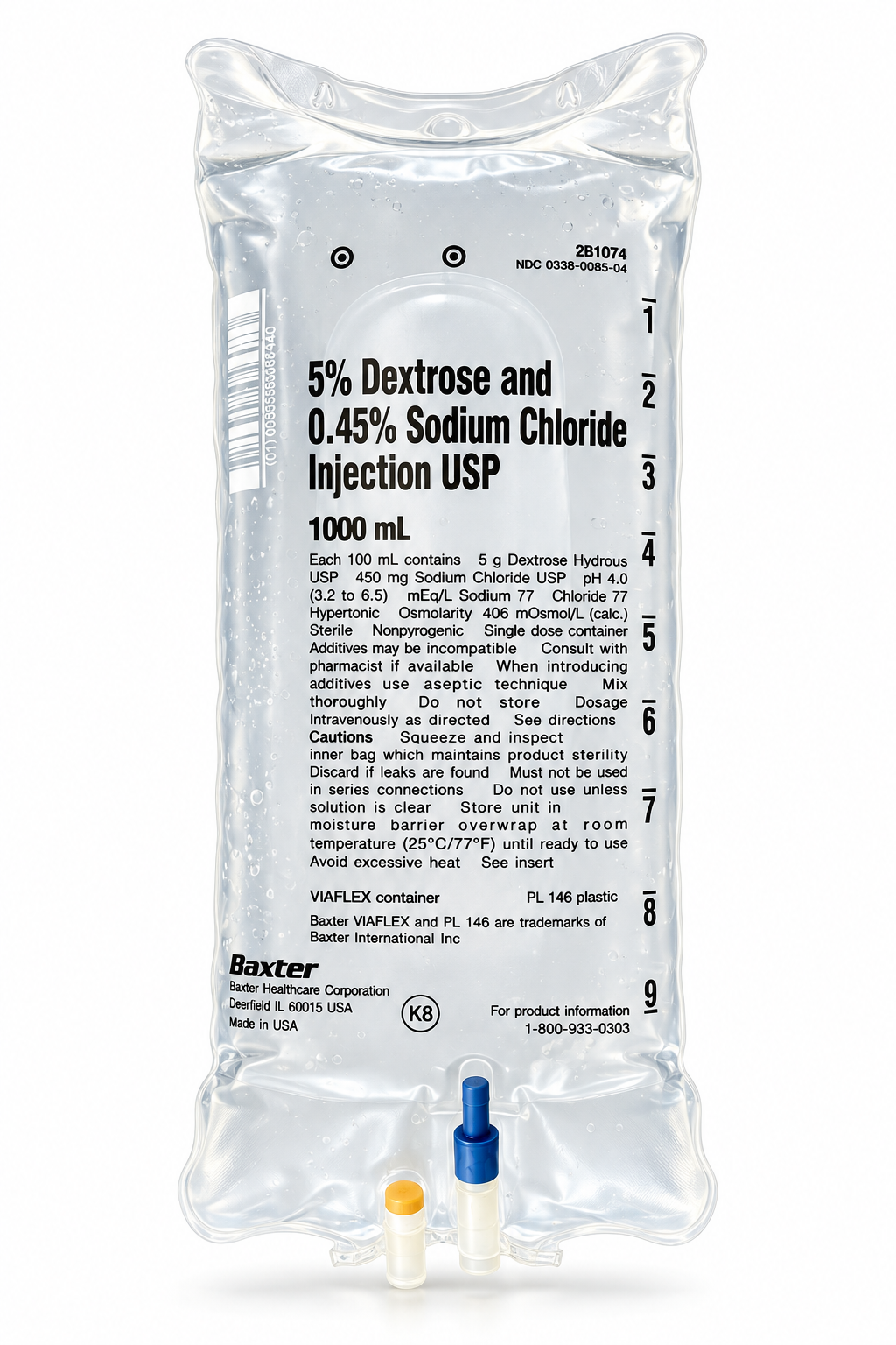 Baxter 5% Dextrose and 0.45% Sodium Chloride (D5 half-normal saline) IV bag, 1000 mL