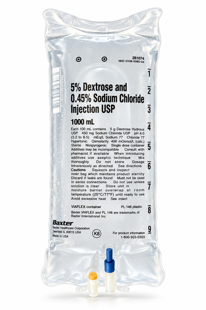 Baxter 5% Dextrose and 0.45% Sodium Chloride (D5 half-normal saline) IV bag, 1000 mL
