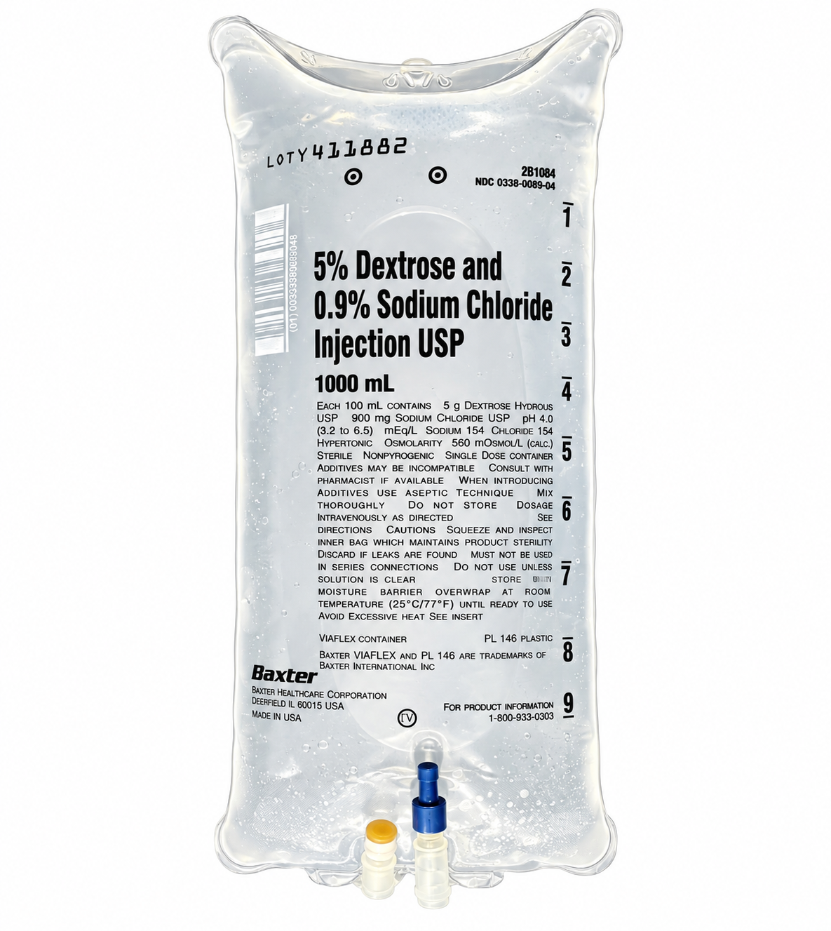 Baxter 5% Dextrose and 0.9% Sodium Chloride (D5NS) IV bag, 1000 mL